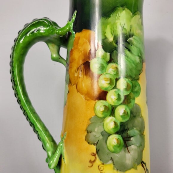 VINTAGE HUGE 15" JPL LIMOGES HAND PAINTED GRAPES DRAGON HANDLE TANKARD PITCHER - Picture 11 of 16